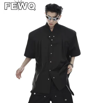 Летняя мужская рубашка FEWQ с коротким рукавом, Нишевый дизайн с металлическими пуговицами, воротник-стойка, наплечник, Однотонный мужской топ, новая уличная одежда