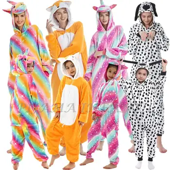Подходящие для семьи детские комбинезоны с мультяшным рисунком, детские пижамы с капюшоном с милыми животными, теплые пижамы для взрослых, комбинезоны Кигуруми