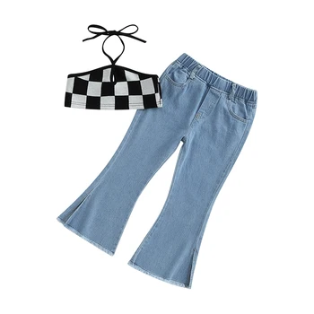 Модный комплект одежды для девочек из 2 предметов, клетчатый жилет с завязками на шее и джинсы-клеш с разрезом, летний наряд