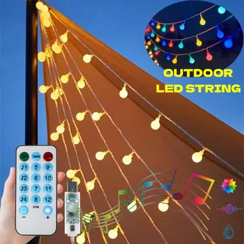 USB Smart LED Ball String Light, Наружный пульт дистанционного управления, Синхронизация музыки, Сказочная лампа, Гирлянда, Патио, сад, Водонепроницаемые фонари для кемпинга