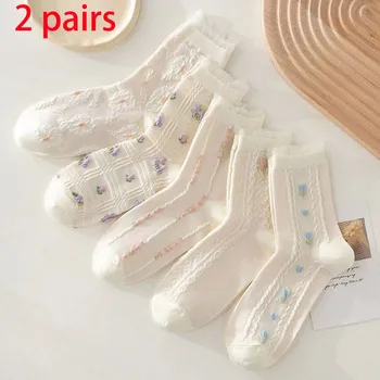 Носки Женские, 2 пары Милых белых носков с цветочным рисунком, простые японские кружевные носки в стиле принцессы Каваи, Женские носки-тюбики HZ114