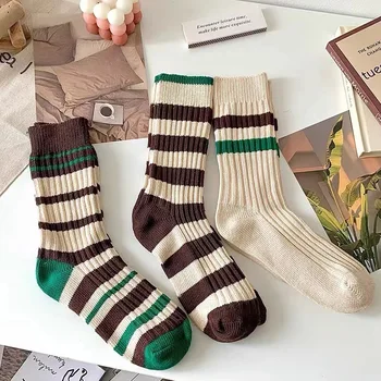 Осенние и зимние минималистичные полосатые чулки для мужчин и женщин, ретро-вязаные носки средней длины в студенческом стиле