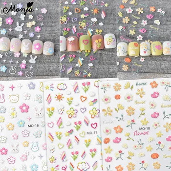 Наклейки для ногтей Monja 5D, Милые Рельефные Цветы, Клейкие наклейки, гель-лак с цветочным рисунком листьев, Инструмент для украшения ногтей DIY