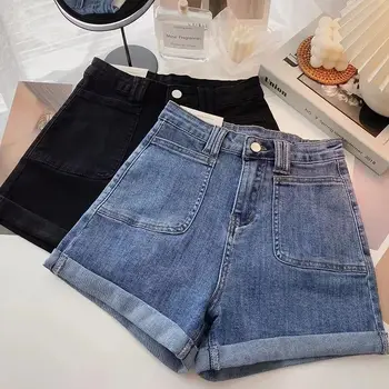 Женские джинсовые шорты с завышенной талией и закатанным краем, широкие джинсовые шорты для женщин 2023, летняя женская одежда, облегающие джинсовые брюки с прямыми штанинами, стрейч