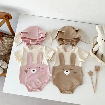 Летняя Корейская одежда для новорожденных, боди с короткими рукавами для маленьких мальчиков и девочек, милый кролик, цельная хлопковая одежда для малышей со шляпой