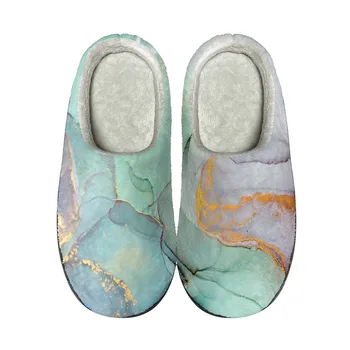 Домашние хлопчатобумажные тапочки с цветным мраморным принтом, изготовленные на заказ, высококачественная мужская Женская плюшевая Модная повседневная обувь для согревания, термальные тапочки