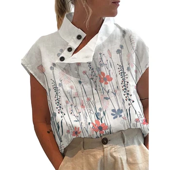 Женская блузка с цветочным принтом, модная рубашка с коротким рукавом, элегантная дизайнерская рубашка из искусственного хлопка и льна, женские летние повседневные шикарные топы-туники.