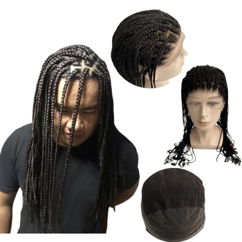 Монгольские натуральные волосы Virgin Human Hair Systems длиной 24 дюйма с косичками 150% плотности, полностью кружевной парик для чернокожих мужчин