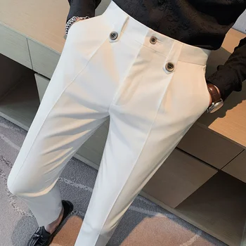 Осенние Новые однотонные мужские брюки высокого качества, приталенные повседневные офисные брюки, вечерние брюки для светской вечеринки, костюм для светской вечеринки