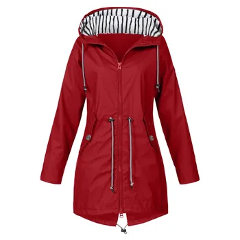 Women Solid Stripe Rain Jacket Outdoor Plus Waterproof Hooded Raincoat Windproof куртки осенние женские chaqueta mujer пальто