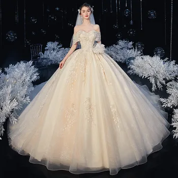 2023 Новые аппликации Кружевное бальное платье принцессы Свадебное платье длиной до пола Свадебное платье с вырезом лодочкой Платья невесты