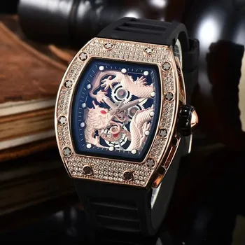 2023 Многофункциональные автоматические 3-контактные часы Мужские Top RM Роскошные мужские часы AAA, светящиеся в темноте с принтом Дракона и бриллиантами