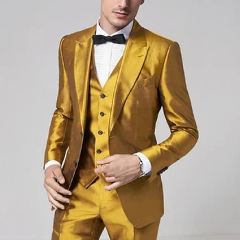 Последние Золотые Атласные Мужские Костюмы 2023 Slim Fit Prom Party Stage Жених Свадебный Смокинг Ternos Мужской костюм из 3 предметов (Блейзер + Жилет + брюки)