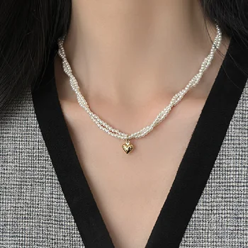 Корейское модное простое жемчужное ожерелье для женщин, двухслойное Золотое ожерелье с любовью, цепочка-ошейник, элегантные ювелирные изделия