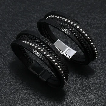 Кожаные заклепки, Многослойный тканый браслет, Магнитная пряжка, браслет из бисера для ногтей, Мужской кожаный браслет в стиле Unk с персонализированными
