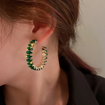 Блестящие Роскошные серьги-кольца, Круглые серьги с зелеными кристаллами циркона для женщин, ювелирные изделия для помолвки, подарки, аксессуары для ушей