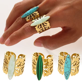 Женские кольца из нержавеющей стали с рисунком бабочки, винтажные Бирюзовые Широкие Регулируемые позолоченные кольца, ювелирные изделия и подарки