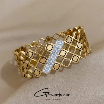 Великолепный Позолоченный браслет из нержавеющей стали с геометрическими стразами для женщин, Полые Металлические Широкие браслеты, Водонепроницаемые украшения