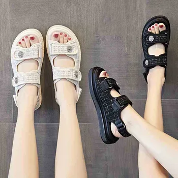 2023 Сандалии на платформе, женские решетчатые сандалии с круглым носком, крючок-петля, клетчатая ткань, Летняя повседневная женская уличная обувь ручной работы, Белый, черный