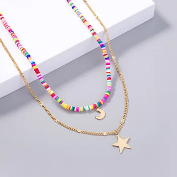 HWJQ Богемное двухслойное ожерелье с подвеской в виде Луны и звезды из сплава геометрического типа для женщин и девочек