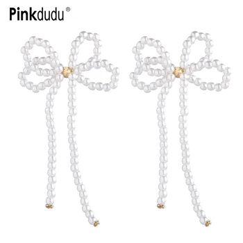 Pinkdudu Модные Белые серьги-гвоздики с бантиком из искусственного жемчуга, Романтические Элегантные длинные серьги-капли для женщин, Ювелирные подарки PD1352