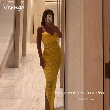 Verngo Sexy Sweetheart Шелковые Желтые платья для выпускного вечера Африканские женщины Вечерние платья с разрезом Для ночного мероприятия Длинное облегающее