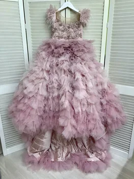 Бальное платье принцессы для первого причастия, костюмы для выпускного вечера, платья для девочек с цветами на свадьбу, многоуровневые юбки, бусы из перьев