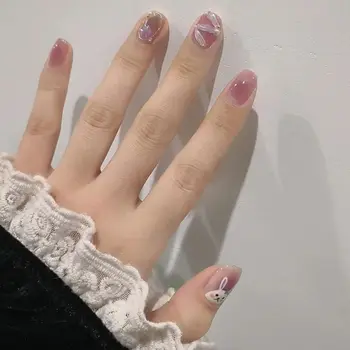 24шт Съемный пресс-тюльпан с кроликом на ногтях DIY Короткие Квадратные розовые французские накладные ногти