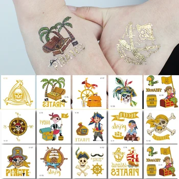 28 Листов Золотой Металлической Временной татуировки с Рисунком Пиратов, Мерцающая Бронзирующая Детская Наклейка, Татуировка на теле для детей, Детские Татуировки