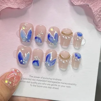 Накладные ногти ручной работы, наклеенные на ногти Дизайн хвоста русалки Blue Dream, Акриловое покрытие для ногтей для девочек