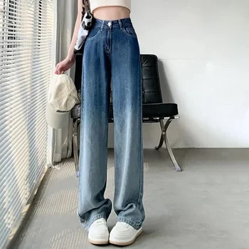 Градиентные джинсы с широкими штанинами, женские летние Тонкие прямые джинсовые брюки с высокой талией Японского контрастного цвета, свободные брюки с заниженной посадкой