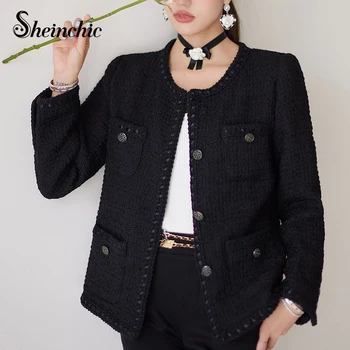 Японская Зимняя одежда Y2k, Женская Роскошная Дизайнерская Черная Жакета С круглым вырезом, Корейская мода, Шерстяные пальто Chaquetas Para Mujeres