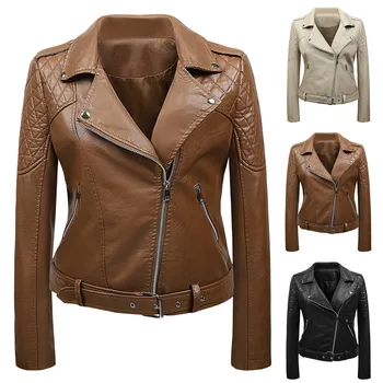 Женская короткая куртка из искусственной кожи, модная кожаная мотоциклетная куртка, женское свободное пальто с отворотом на молнии, верхняя одежда L5