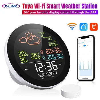 Измеритель влажности в помещении и на улице Tuya Wifi с часами Многофункциональные погодные часы с большим цветным экраном с датчиком 1or3