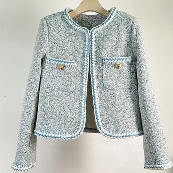 Высококачественная синяя твидовая куртка с небольшим ароматом, пальто для женщин, Новая осенне-зимняя французская винтажная шерстяная верхняя одежда