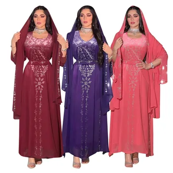 Лето 2023 Осень Элегантное мусульманское модное платье Абайя с длинным рукавом и V-образным вырезом розово-фиолетового цвета, платье Абайя с платком на голове