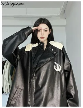 Куртки Harajuku для Женщин, Уличная Мотоциклетная Куртка Из Искусственной Кожи, Женская 2023 Ropa Mujer, Винтажная Панк-Негабаритная Верхняя Одежда Y2k, Топы