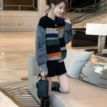 Женский джинсовый свитер в стиле пэчворк, женское пальто, вязаный осенне-зимний новый короткий стильный топ с длинным рукавом
