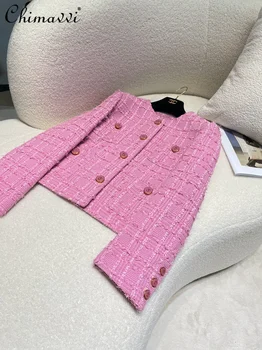 Французское милое розовое темпераментное пальто, Женское осеннее новое высококачественное офисное женское пальто с длинным рукавом и круглым вырезом, однобортные куртки