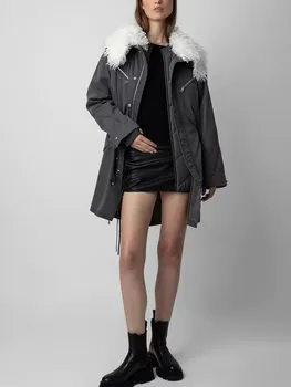 Женское пальто с меховым воротником и молнией с разрезом сзади, свободная повседневная осенне-зимняя модная женская куртка 2023 года