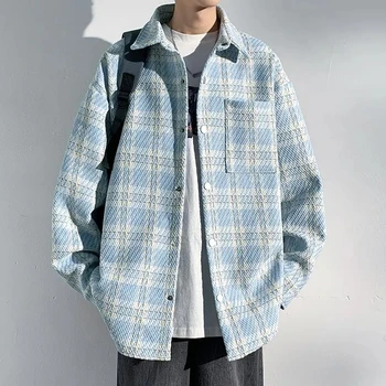 Универсальная Дышащая Мужская однотонная повседневная рубашка на осень-зиму, Свободная клетчатая куртка для мальчиков в стиле Сафари, пальто в стиле Мягкое Ретро