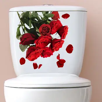Наклейка на туалет с цветком Красной розы, романтическая Съемная наклейка на стену из водонепроницаемого ПВХ для художественного оформления стен