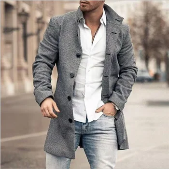 Осенне Зимнее новое мужское шерстяное пальто с воротником-стойкой и карманом средней длины, повседневное шерстяное пальто, мужской тренч