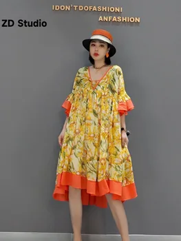 [ZD Studio] 2023 Новое шифоновое платье с V-образным вырезом и большим принтом, женское платье свободного размера, свободный халат