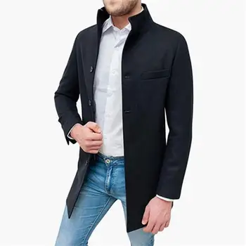 Мужское шерстяное пальто, осенне-зимнее новое пальто со стоячим воротником, однотонное деловое повседневное пальто для взрослых размера плюс