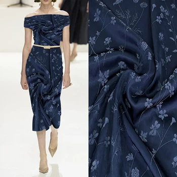 Ткань с цветочным принтом шириной 51 дюйм для свадебного платья, ткани Чонсам, шарфа и поделок своими руками, темно-синий