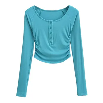 Женские модные топы-пуловеры с круглым вырезом и пуговицами, однотонная короткая футболка со складками по бокам, повседневная блузка в рубчик с длинным рукавом