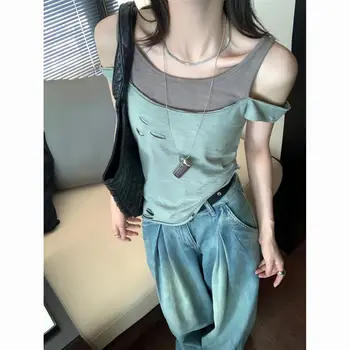 Поддельный топ без рукавов с перфорацией из двух частей, женская летняя мода контрастного цвета, приталенная футболка с открытыми плечами, одежда в корейском стиле