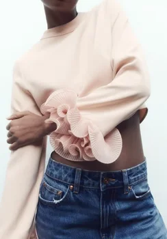 Женская рубашка поло, однотонный топ, декоративные рукава, футболка с круглым вырезом, Женская базовая одежда в корейском стиле, осень и зима 2023 г.