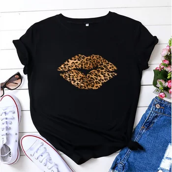 Женская хлопковая футболка с леопардовым принтом в виде губ, круглый вырез, повседневная Свободная женская футболка большого размера, бесплатная доставка